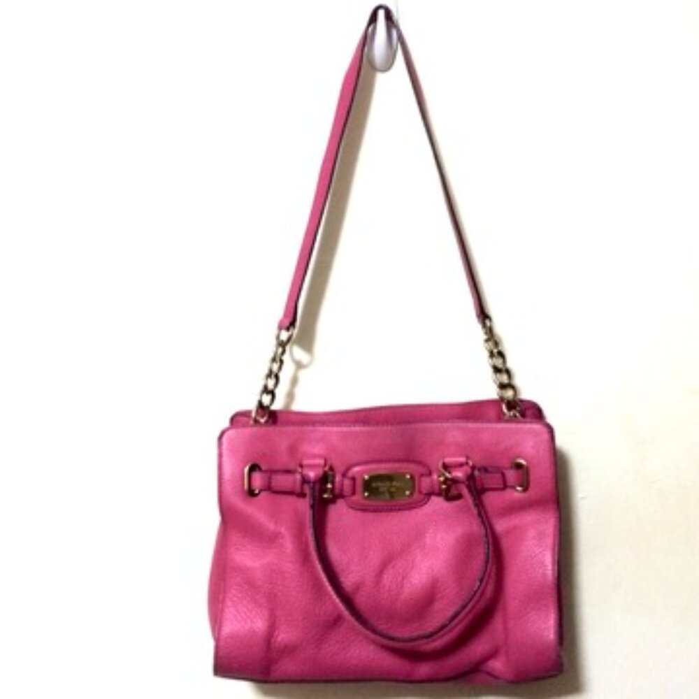 Michael Kors Hamilton Leather Satchel Neon Pink Gold Tone Shoulder Bag - Picture 2 of 16